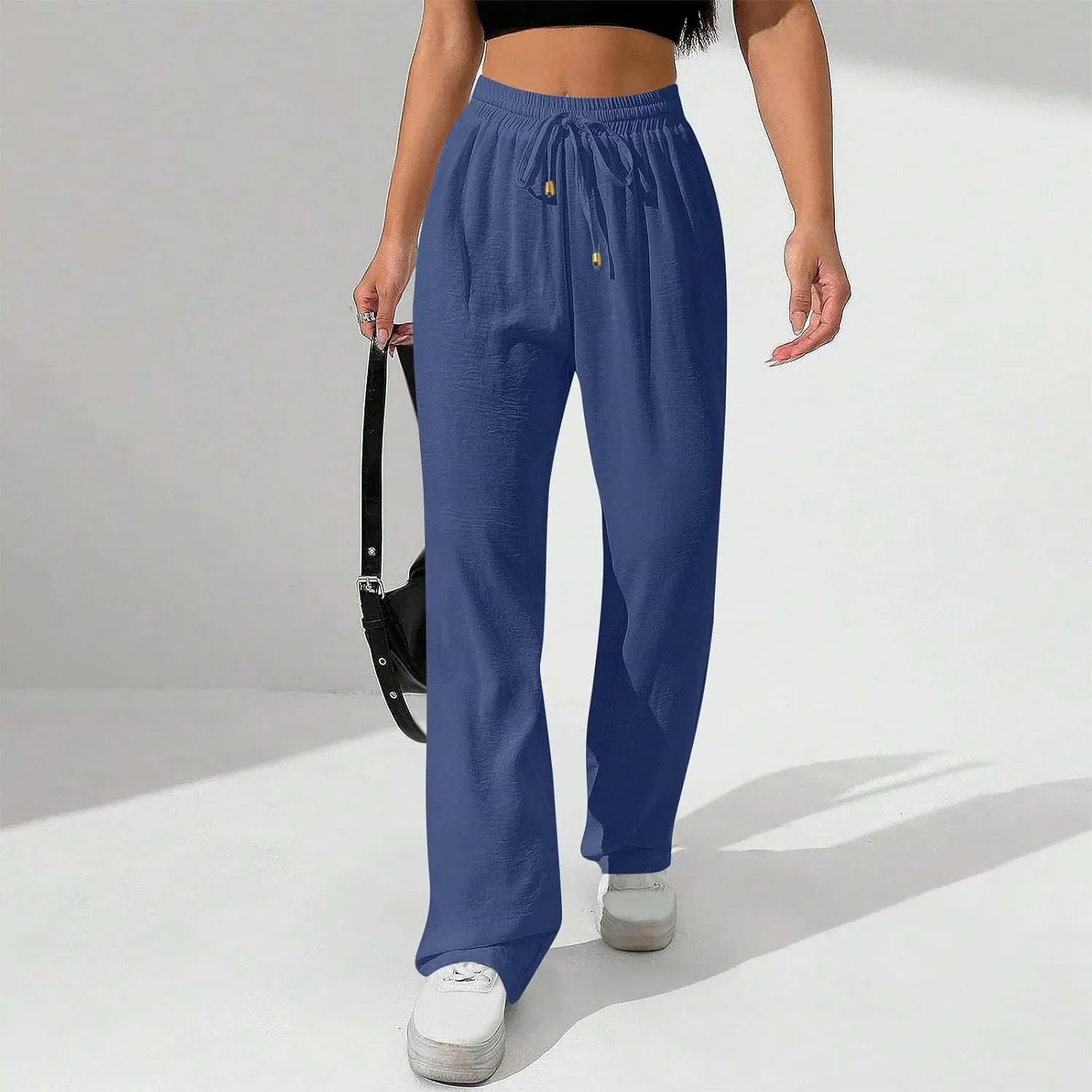 Womens Drawstring Waist Pants Soft Cotton Linen Straight Leg Trousers with Pockets Casual Relaxed Fit for Travel 2025