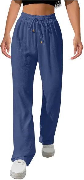 Womens Drawstring Waist Pants Soft Cotton Linen Straight Leg Trousers with Pockets Casual Relaxed Fit for Travel 2025
