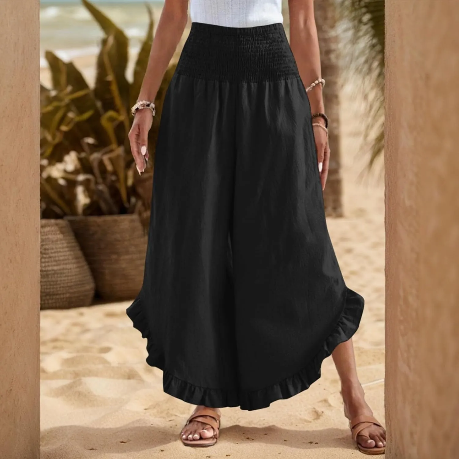Women's Solid Color Elastic Waist Slim Pleated Petal Dressy Casual Loose Fit Trousers