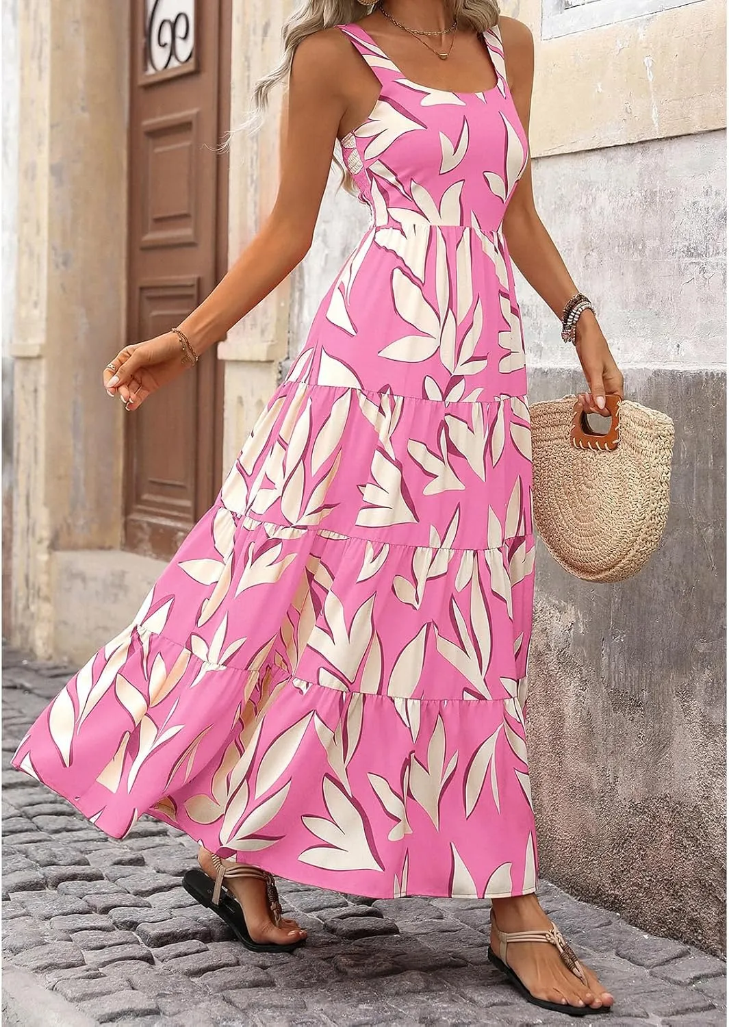 Women's Summer Boho Dress Sleeveless Square Neck Floral Print Maxi Dresses Casual High Waist Sexy Beach Dress 2025