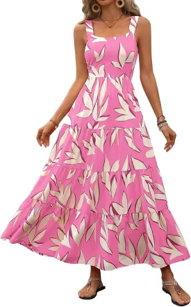 Women's Summer Boho Dress Sleeveless Square Neck Floral Print Maxi Dresses Casual High Waist Sexy Beach Dress 2025