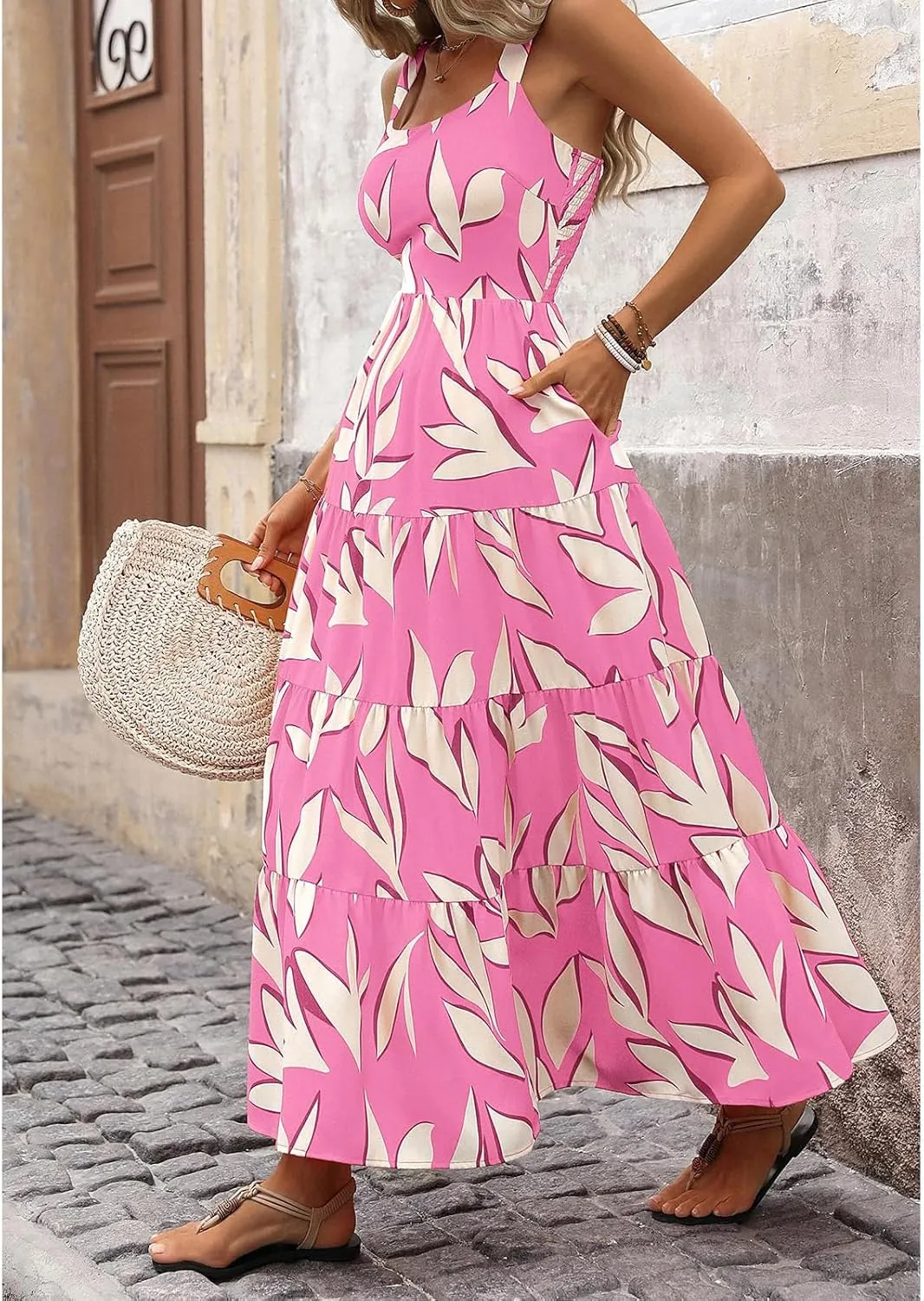 Women's Summer Boho Dress Sleeveless Square Neck Floral Print Maxi Dresses Casual High Waist Sexy Beach Dress 2025