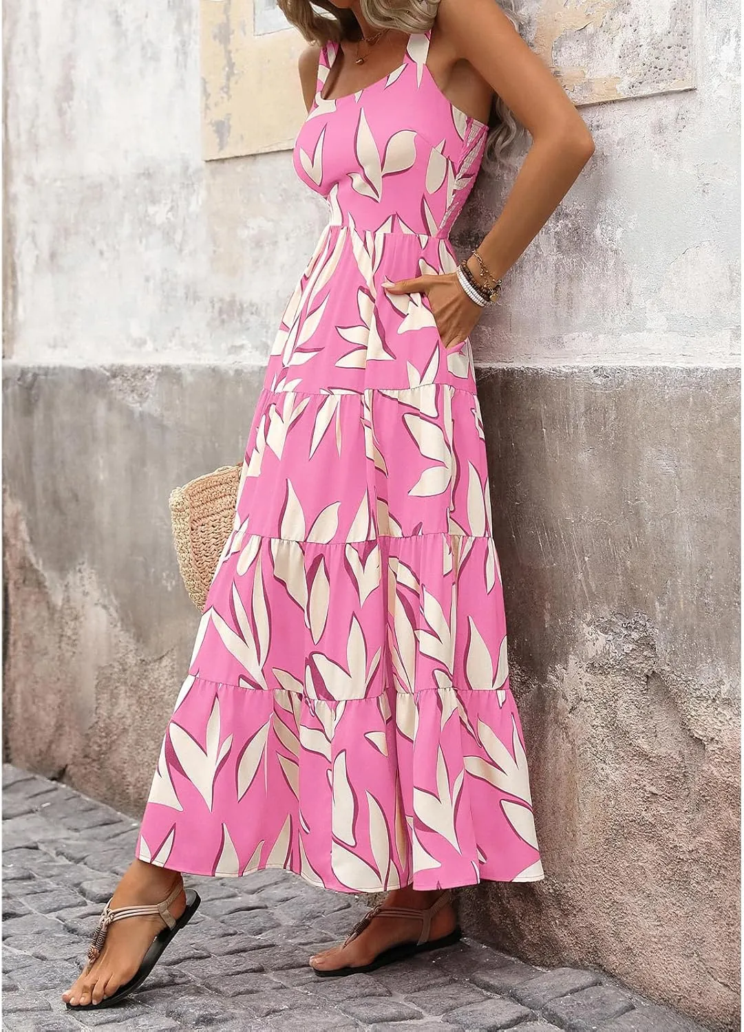 Women's Summer Boho Dress Sleeveless Square Neck Floral Print Maxi Dresses Casual High Waist Sexy Beach Dress 2025