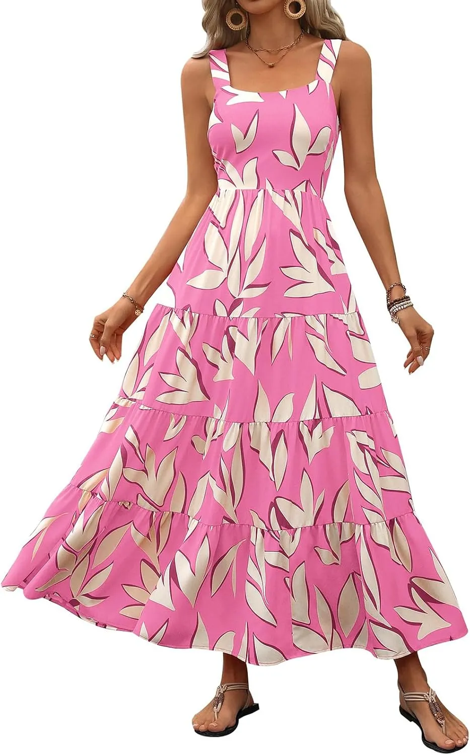 Women's Summer Boho Dress Sleeveless Square Neck Floral Print Maxi Dresses Casual High Waist Sexy Beach Dress 2025