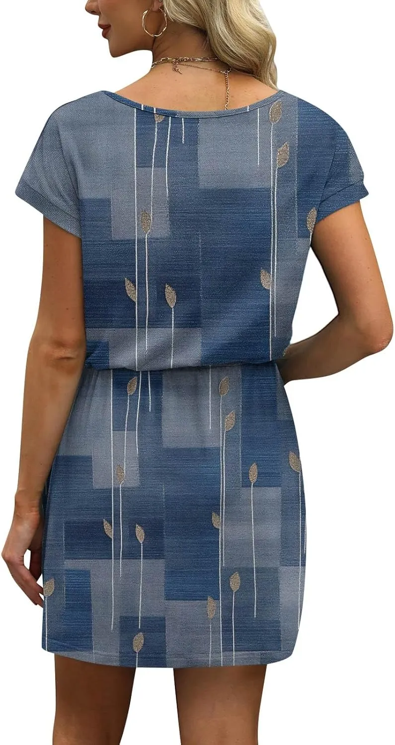 Women's Summer Dress 2025 Printed V-Neck Short Sleeve Drawstring Dress with Pocket Elegant Colorful Sundress