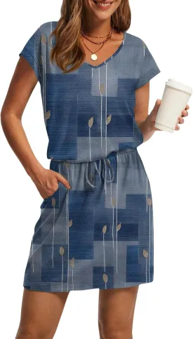 Women's Summer Dress 2025 Printed V-Neck Short Sleeve Drawstring Dress with Pocket Elegant Colorful Sundress