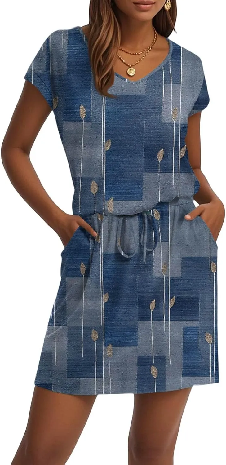 Women's Summer Dress 2025 Printed V-Neck Short Sleeve Drawstring Dress with Pocket Elegant Colorful Sundress