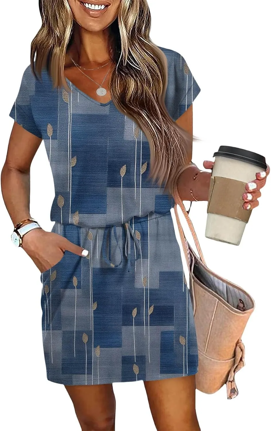 Women's Summer Dress 2025 Printed V-Neck Short Sleeve Drawstring Dress with Pocket Elegant Colorful Sundress