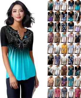 Womens Summer Tops Dressy Casual Short Sleeve Button V Neck T Shirts Trendy Boho Floral Tunic Blouses Cute Flowy Tees