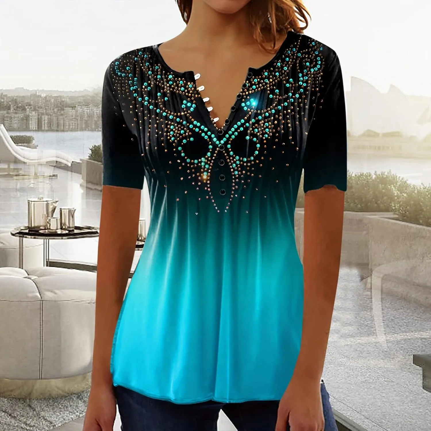 Womens Summer Tops Dressy Casual Short Sleeve Button V Neck T Shirts Trendy Boho Floral Tunic Blouses Cute Flowy Tees
