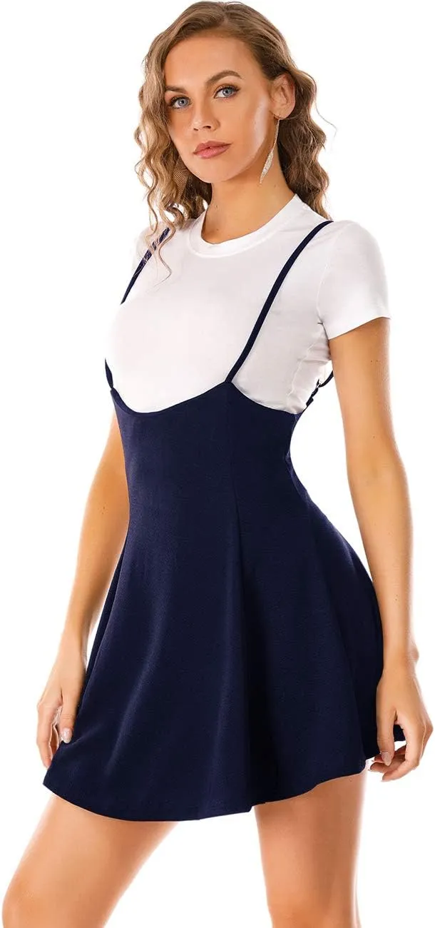Women's Suspender Braces Casual Skirt Dress Basic High Waist Versatile Flare Skater Shoulder Straps Short Skirt