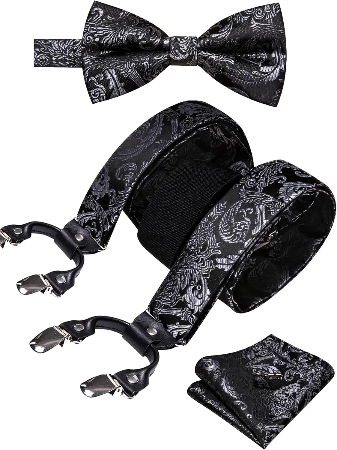 YOHOWA Men's Solid Paisley Suspenders Bowtie Set 6 Strong Clips Adjustable Y-Back Woven Brace Formal Wedding Party Tuxedo