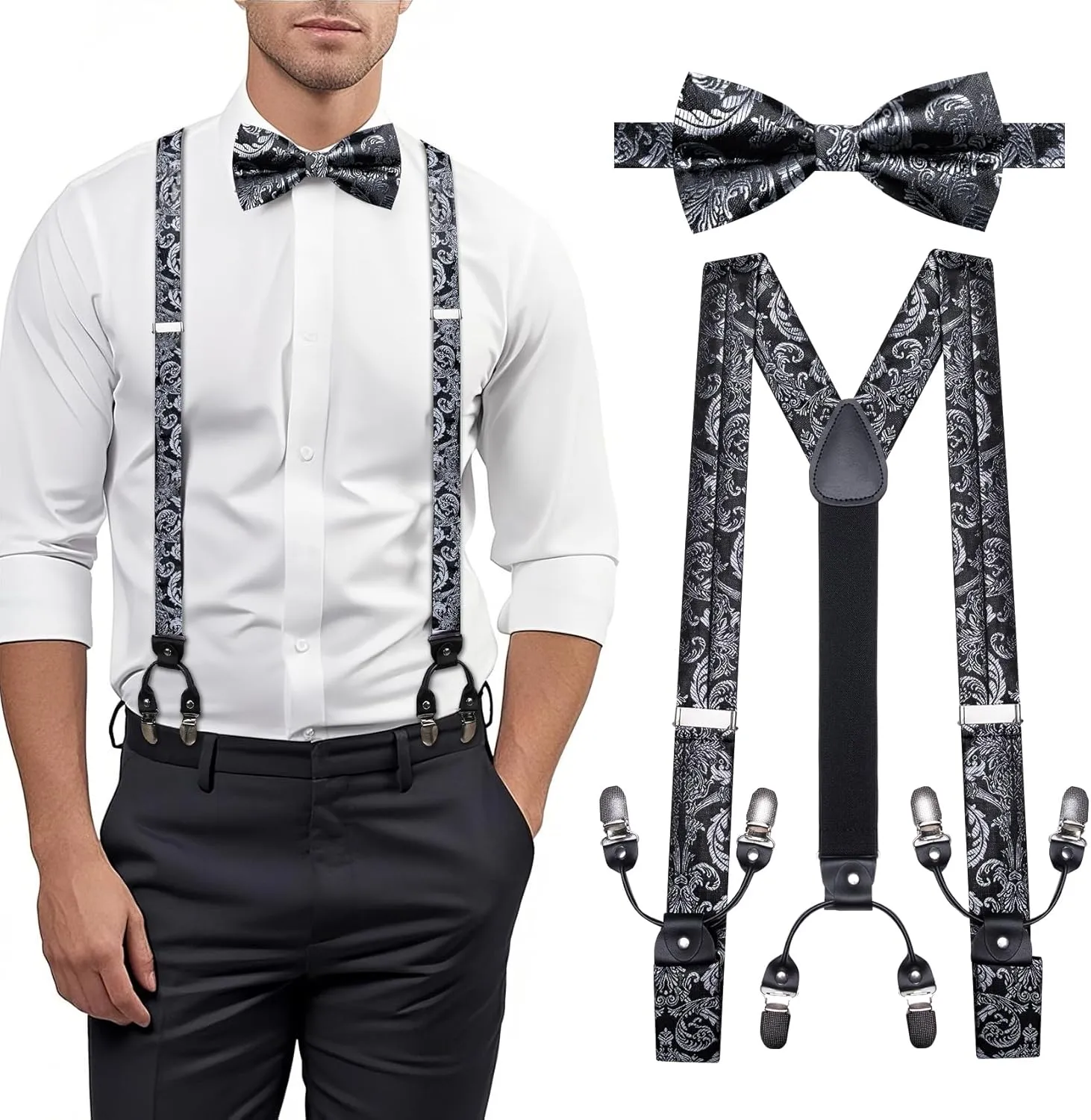 YOHOWA Men's Solid Paisley Suspenders Bowtie Set 6 Strong Clips Adjustable Y-Back Woven Brace Formal Wedding Party Tuxedo
