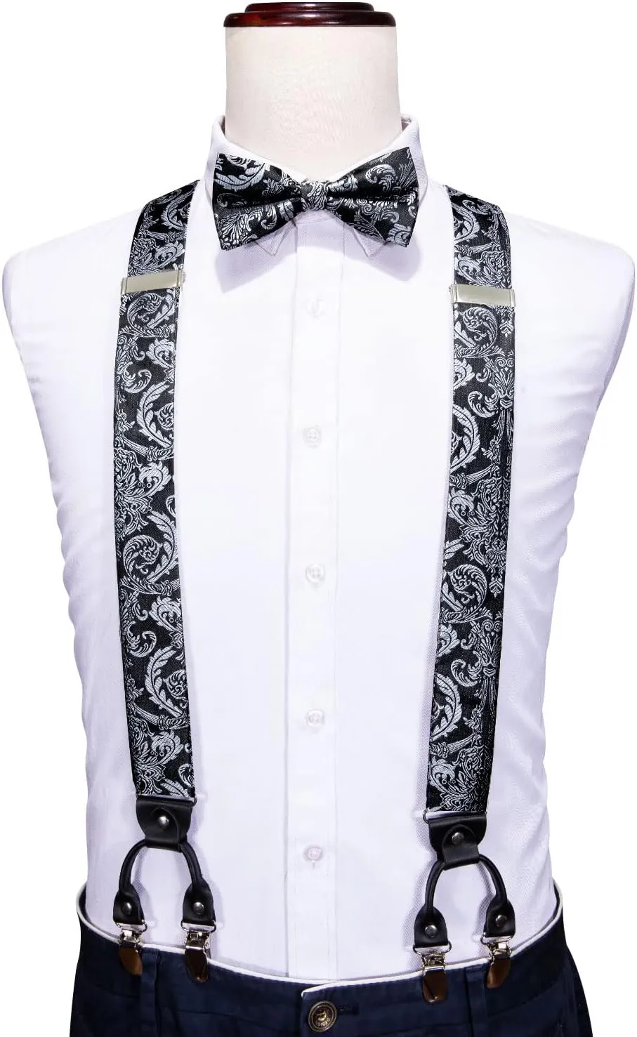 YOHOWA Men's Solid Paisley Suspenders Bowtie Set 6 Strong Clips Adjustable Y-Back Woven Brace Formal Wedding Party Tuxedo