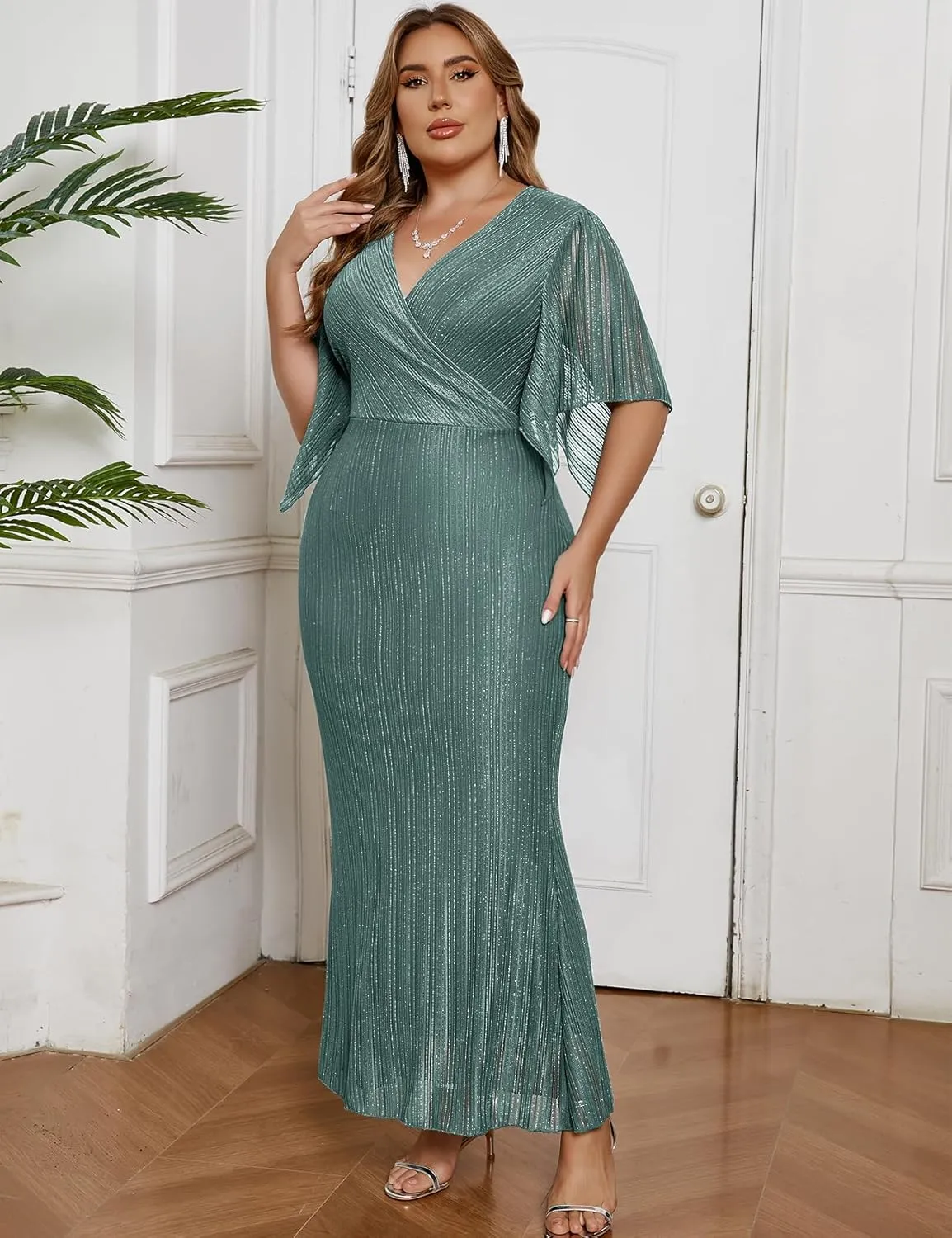ZOMVA Plus Size Maxi Formal Dress Sparkly V-Neck Mermaid Wrap Evening Gown Cocktail Prom Glitter Handkerchief Sleeves