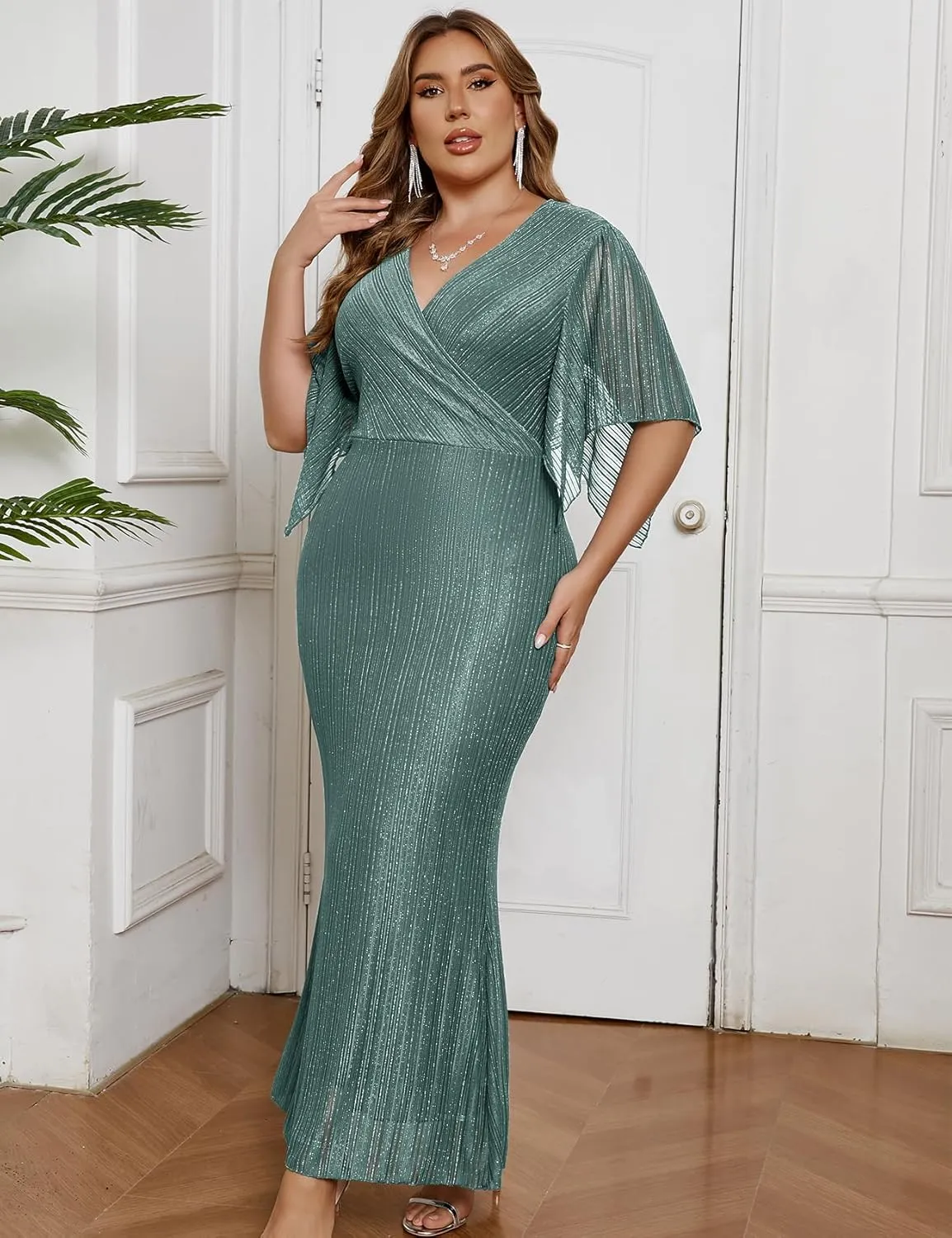 ZOMVA Plus Size Maxi Formal Dress Sparkly V-Neck Mermaid Wrap Evening Gown Cocktail Prom Glitter Handkerchief Sleeves