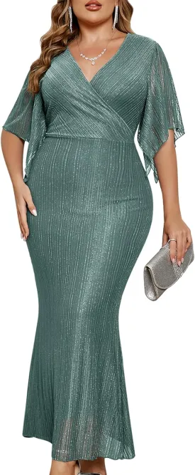 ZOMVA Plus Size Maxi Formal Dress Sparkly V-Neck Mermaid Wrap Evening Gown Cocktail Prom Glitter Handkerchief Sleeves