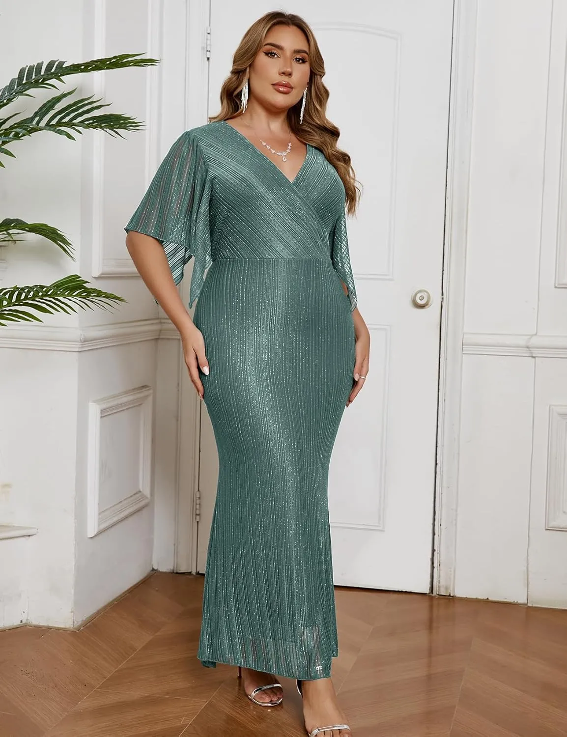 ZOMVA Plus Size Maxi Formal Dress Sparkly V-Neck Mermaid Wrap Evening Gown Cocktail Prom Glitter Handkerchief Sleeves