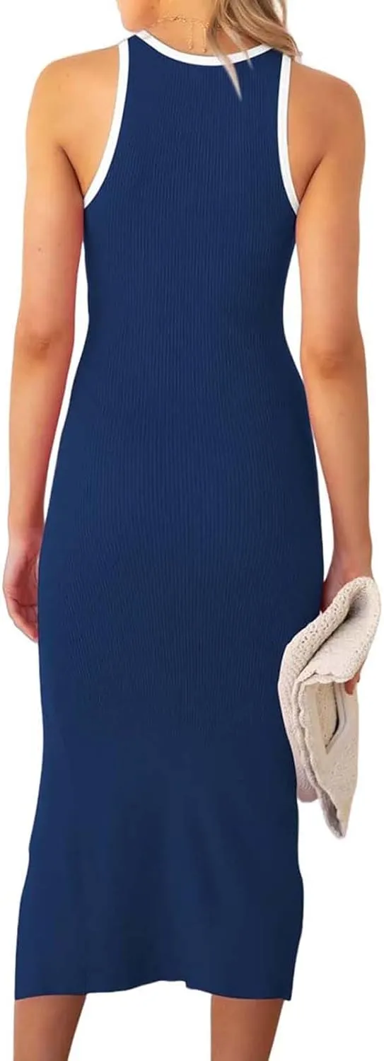 ZWRXW Womens Bodycon Dress Sleeveless Crewneck Cutout Bodycon Ribbed Knit Tank Top Slit Party Long Dresses Outfits